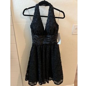 NWT formal black floral tulle halter dress